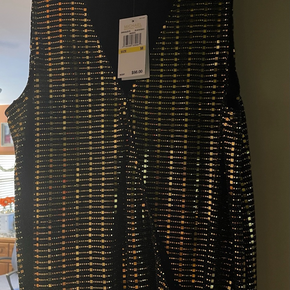 Michael Kors Black/Gold/Metallic Sleeveless Cross Front Top, NWT